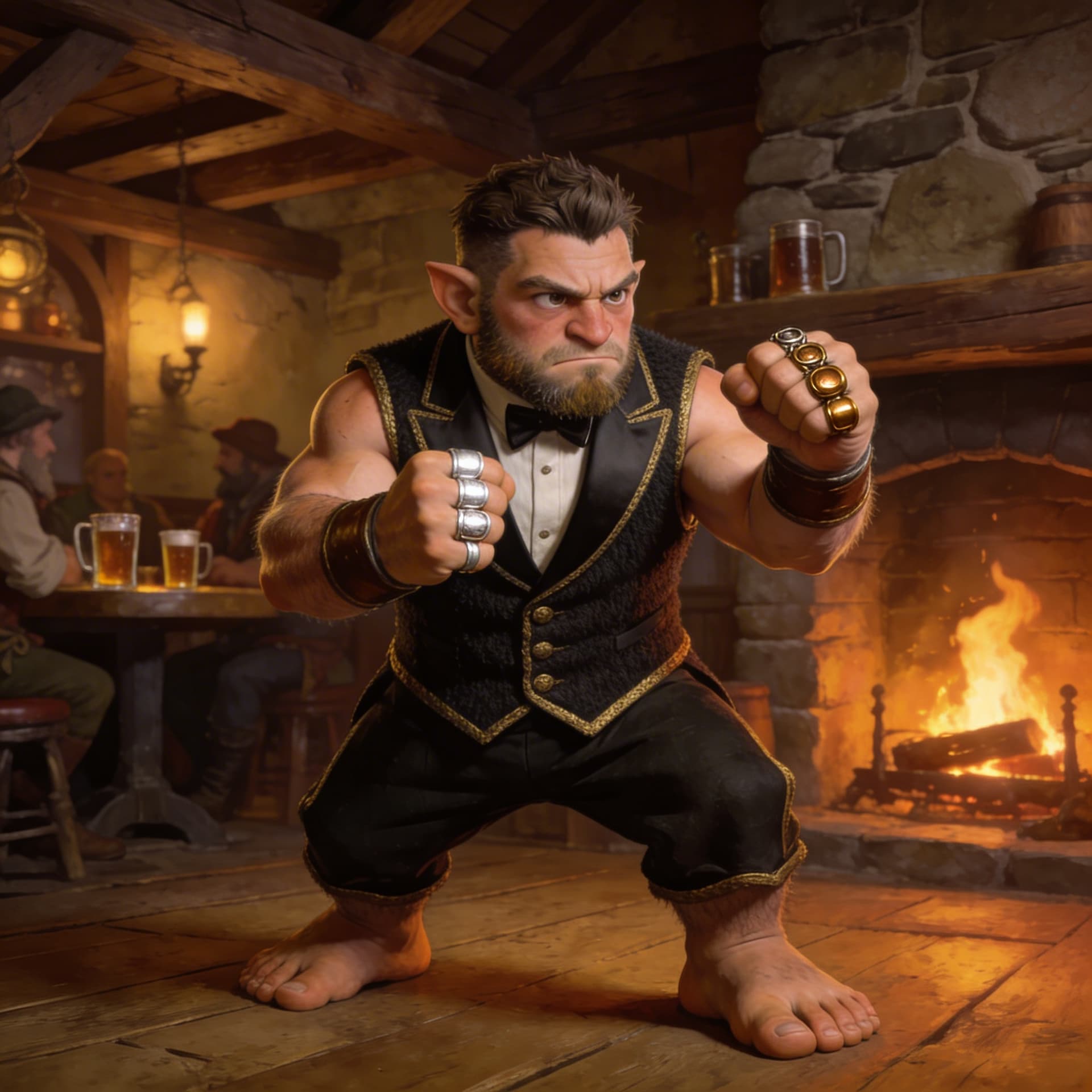 AI generated: muscular male halfling with large bare feet, wearing a sleeveless medieval tuxedo, in a boxing stanc...