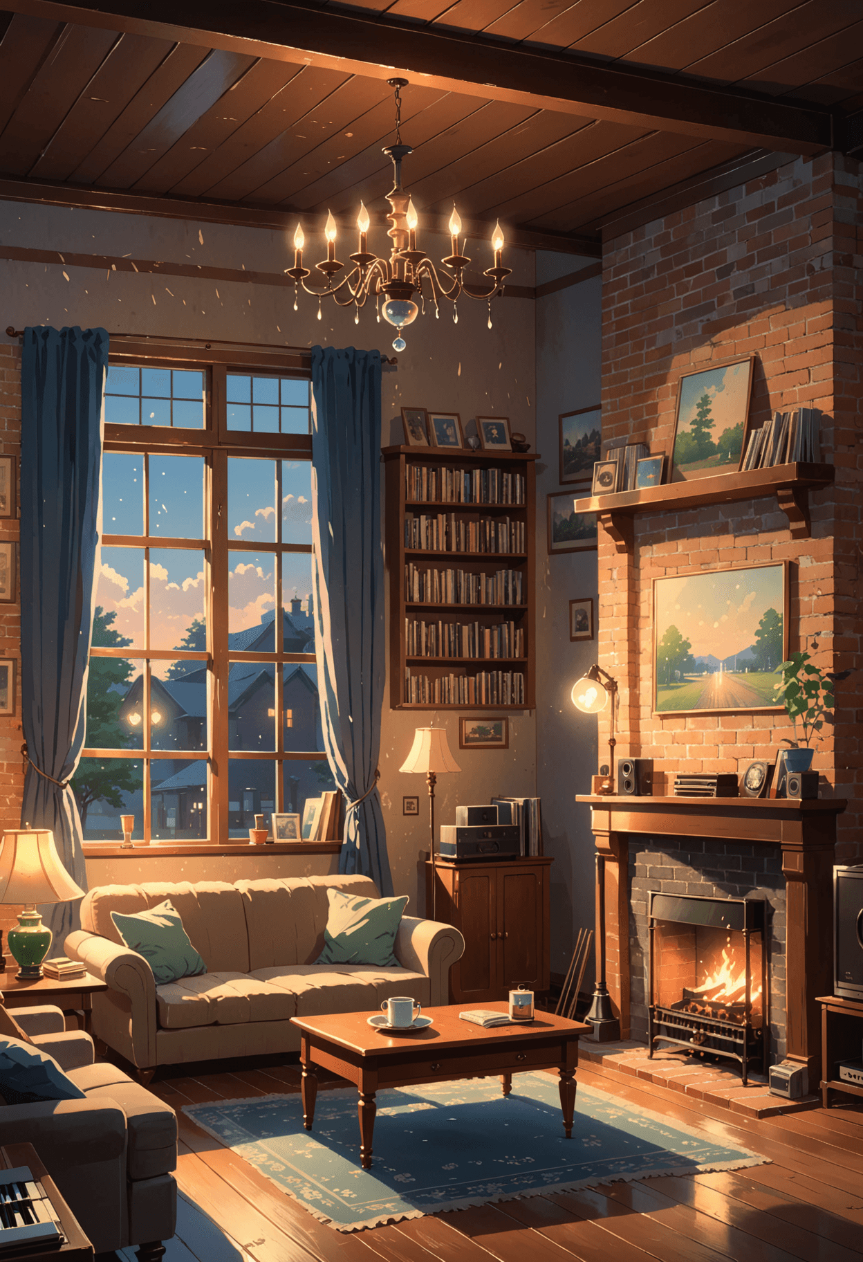AI generated: Makoto Shinkai Style - illustrate a vintage and cozy living room,dangling chandelier,cozy lighting,f...