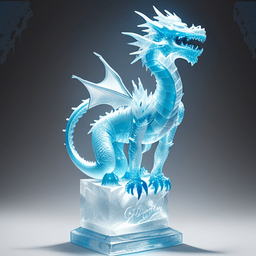 AI generated: An ice sculpture photo of a dragon with a clear and adorable carving, a better person, and a more po...