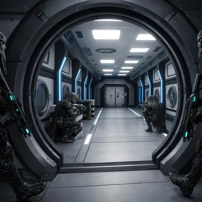 AI generated video: VIDEO PROMPT — TACTICAL POSITIONING (4-MAN STACK SETUP)

A cinematic, ultra-realistic sci-fi corrido...