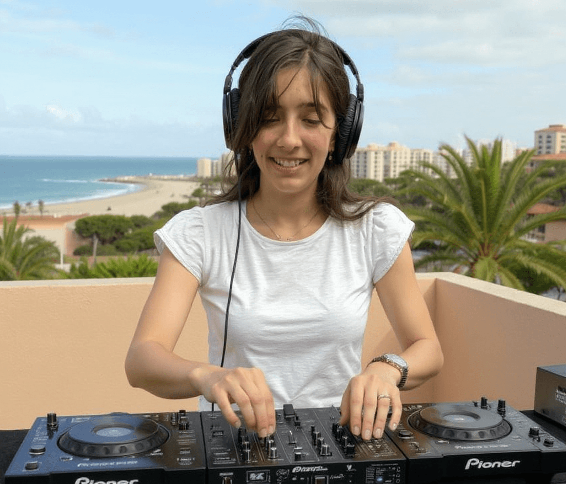 AI generated: I need this person as a DJ, playing on a DJ session.
Pioneer discs.
Headphones.
Background Ibiza ...
