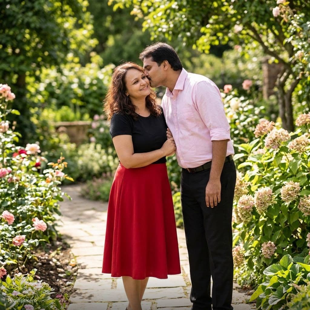 AI generated: half kiss in garden female black shirt and red 3/4 long skirt-men in light pink shirt-dark black pen...