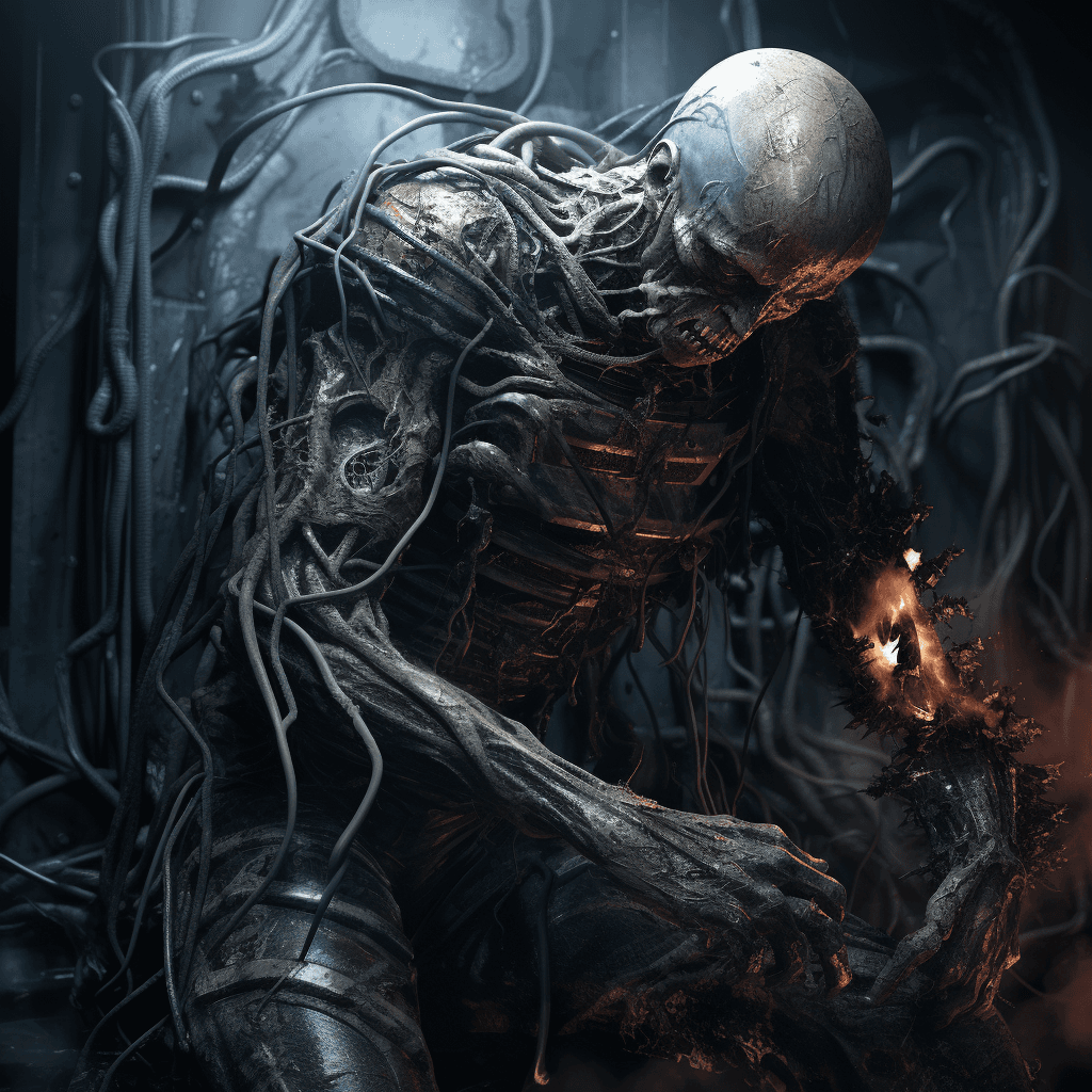 AI generated: A soldier writhing in pain with wires and cables bursting out of their right arm in the style of h. ...