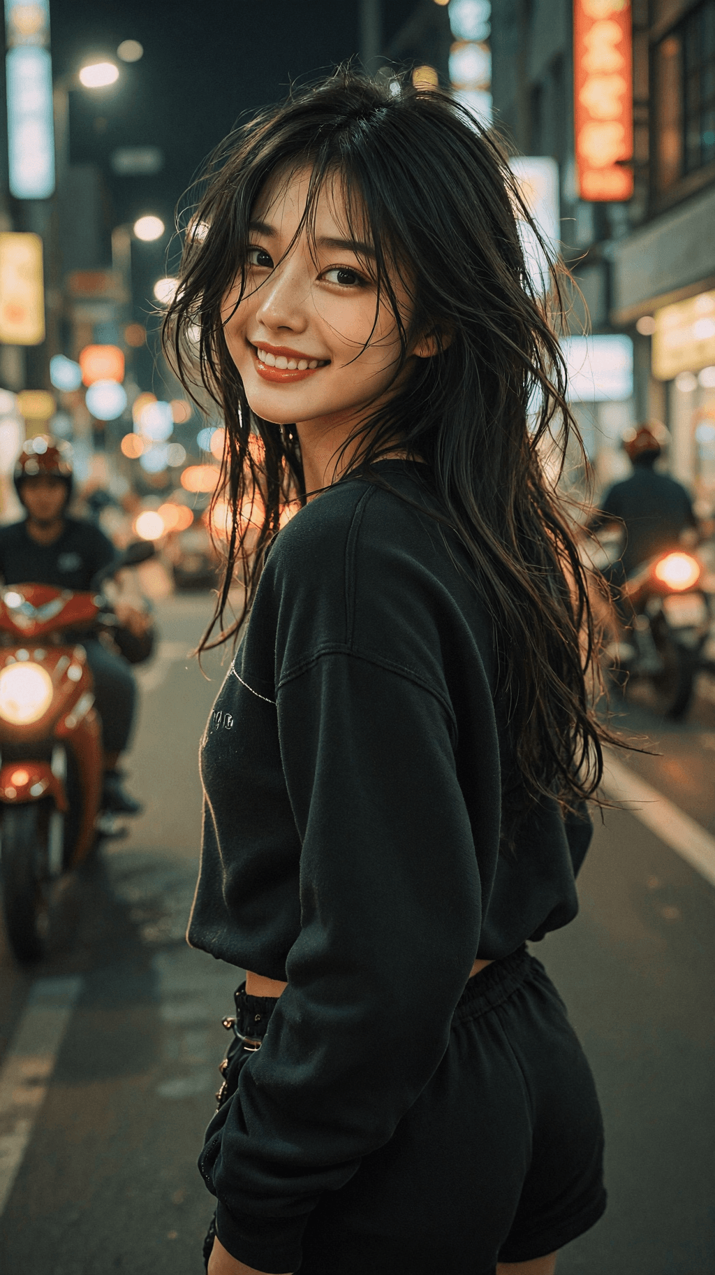 AI generated: A highly detailed, photorealistic, cinematic vertical medium shot of a beautiful young East Asian wo...