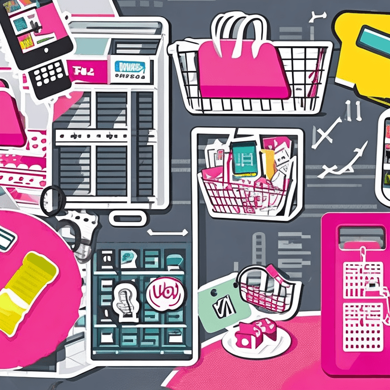 AI generated: Basket shop with small cardboard on the left, pink cell phone screen with 'shop', small shop vectors...