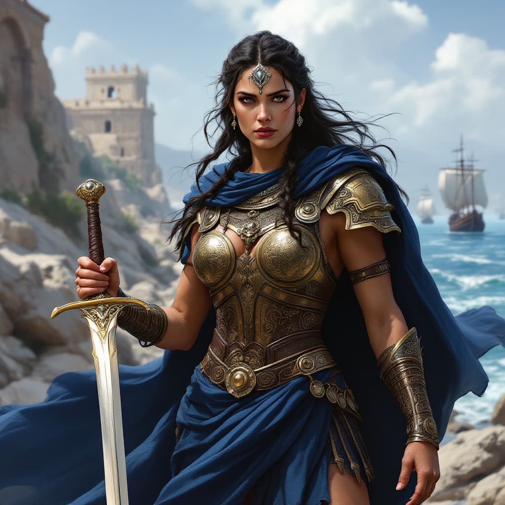 AI generated: a digital painting of Queen Teuta of Illyria stands on the rocky shore, watching Roman ships approac...
