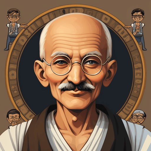 AI generated: Mahatma Gandhi ilustration Pixleart Cryptopunks with round glasses happy smiling eyes india folk dre...