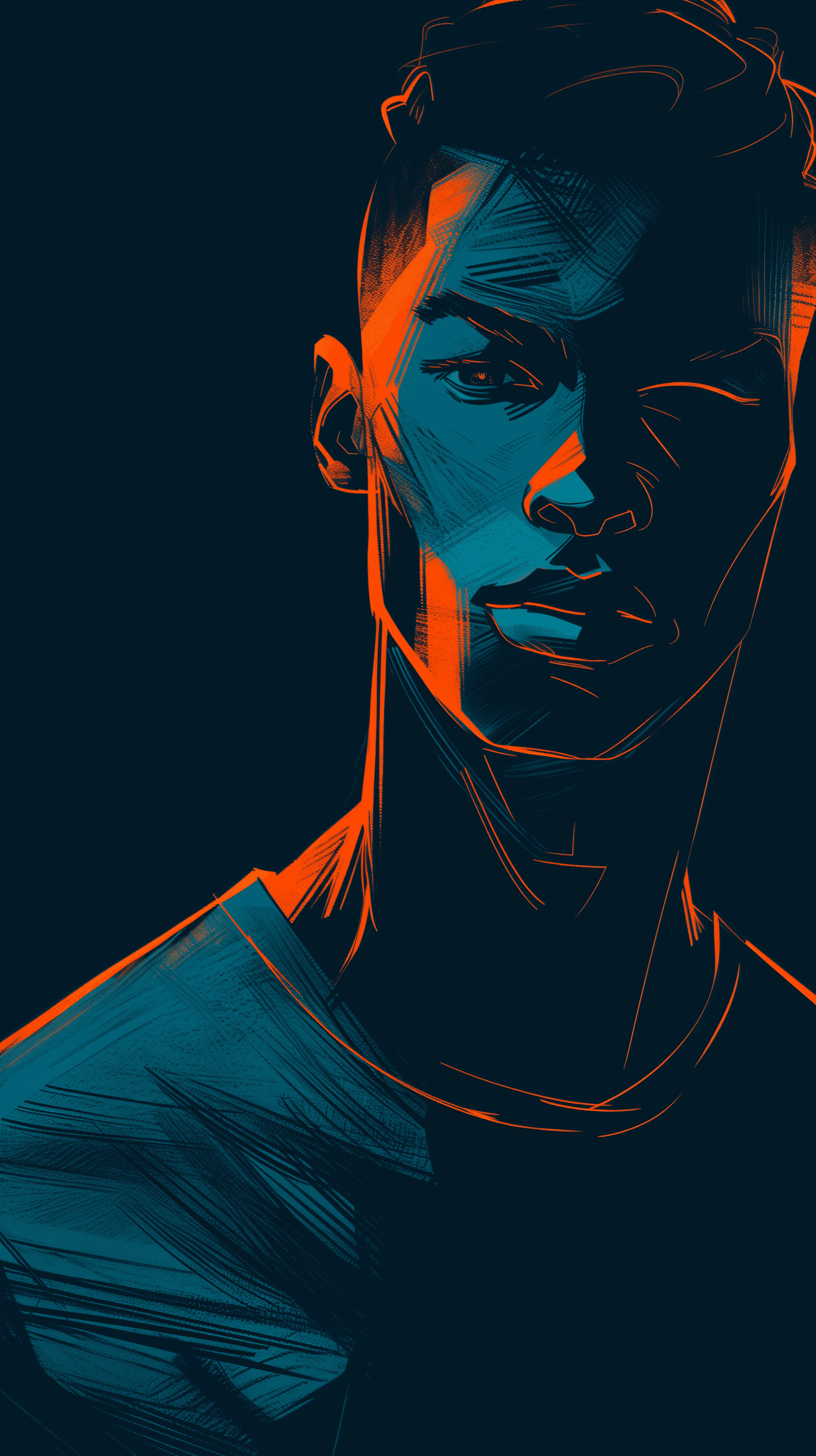 AI generated: digital portrait of a confident male, drawn in bold shades of turquoise and soft orange against a da...