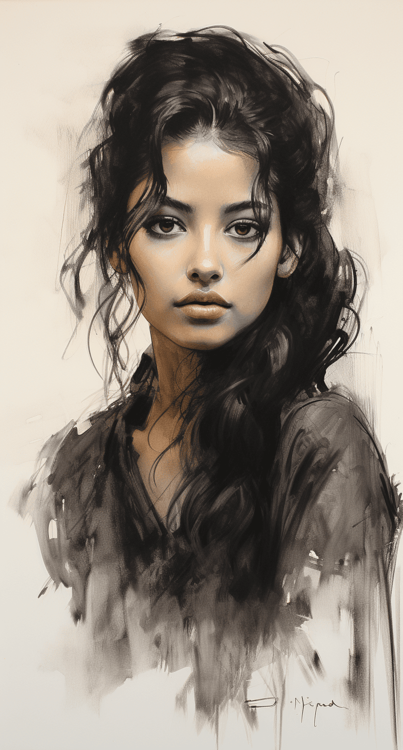 AI generated: an expressionist charcoal sketch by Odilon Redon, drawing, face only, a gorgeous Japanese woman, hin...