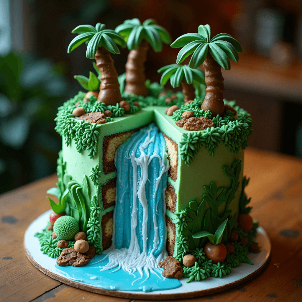 AI generated: A vibrant jungle-themed cake crafted with layers of moist vanilla sponge and filled with rich, tropi...