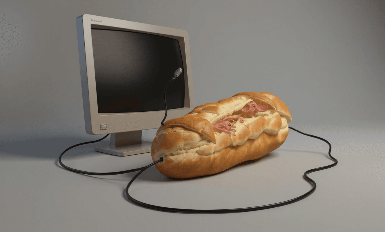 AI generated: the baguette plug into a computer through the ethernet cables. retain defining characteristics and s...