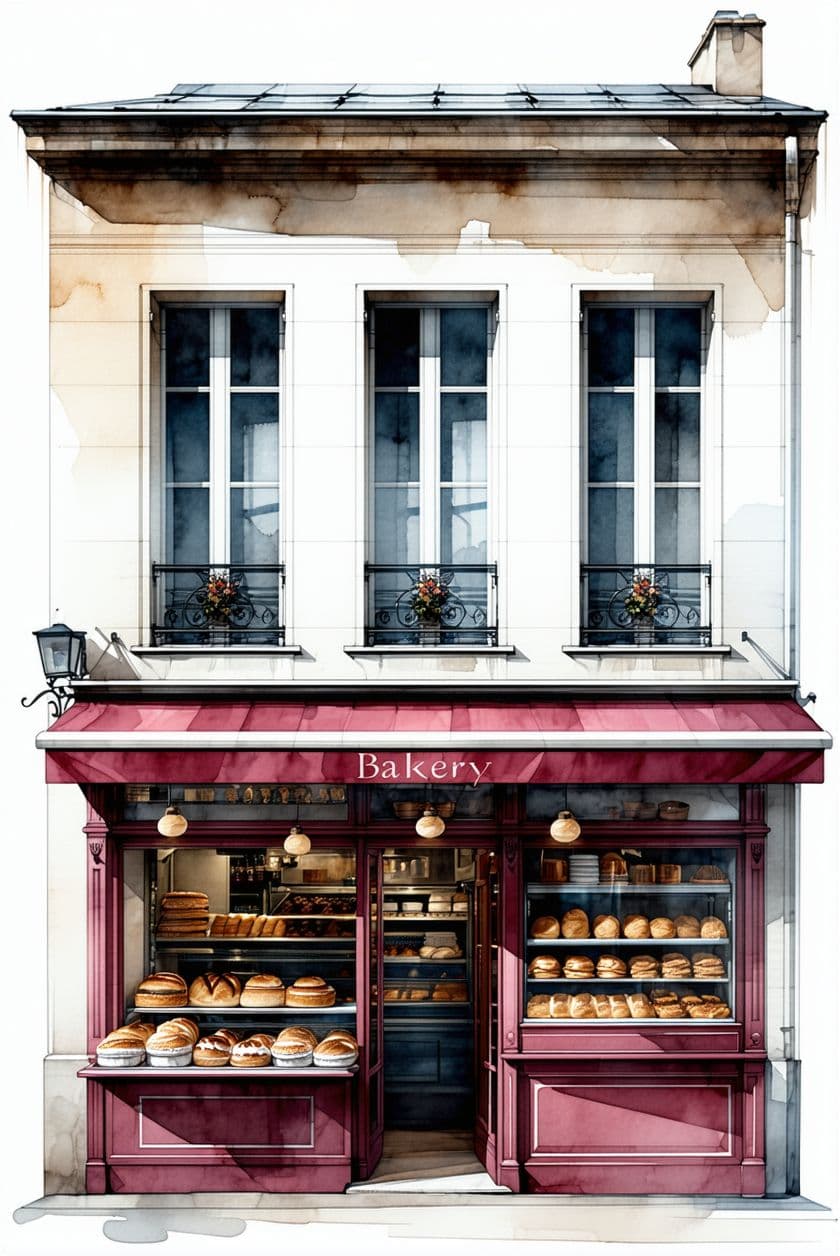 AI generated: Paris 1880, hyperrealistic detailed illustration, a facade of a little bakery shop, front view, elev...