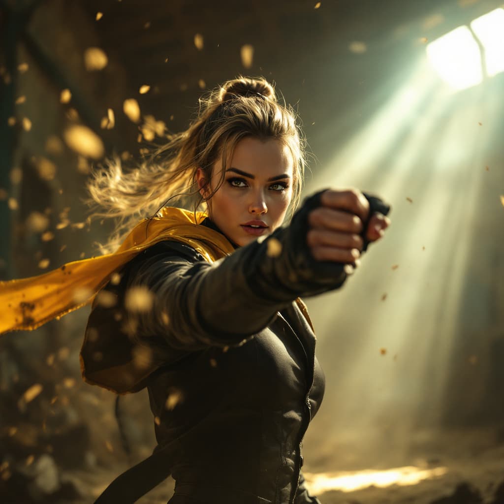 AI generated: Focused:1.1 woman:1.1 (wearing:1.1) a black (gi1.1) with (yellow:1.2) lining Punching. dust (flying:...