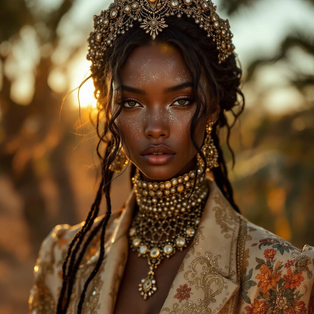 AI generated: fashion editorial shot by Tim Walker in a Moroccan farm, luxury silk resort wear, gorgeous female mo...