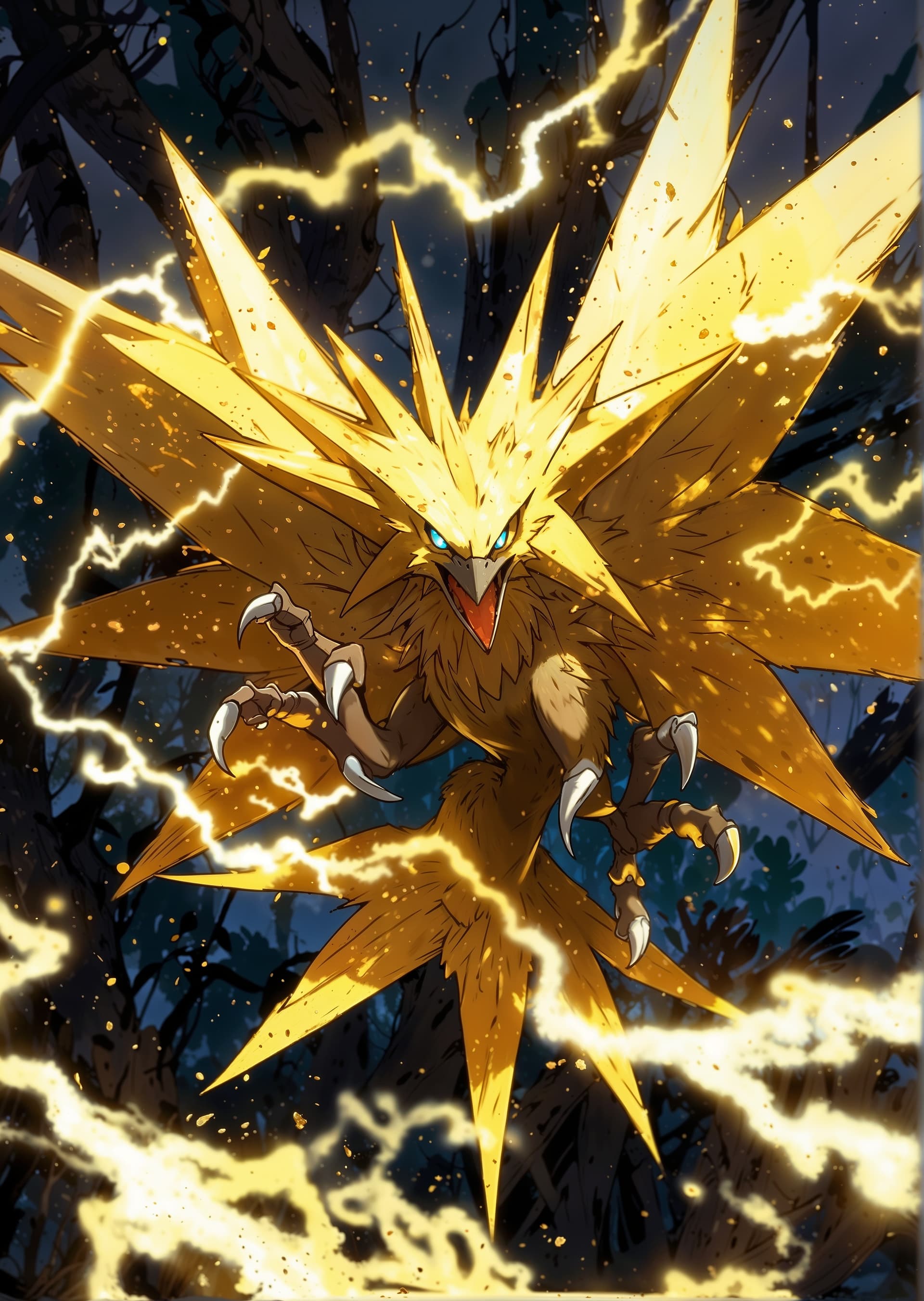 AI generated: A full wide view of a person standing below the mythical Pokémon "Zapdos" filled with bioluminescent...
