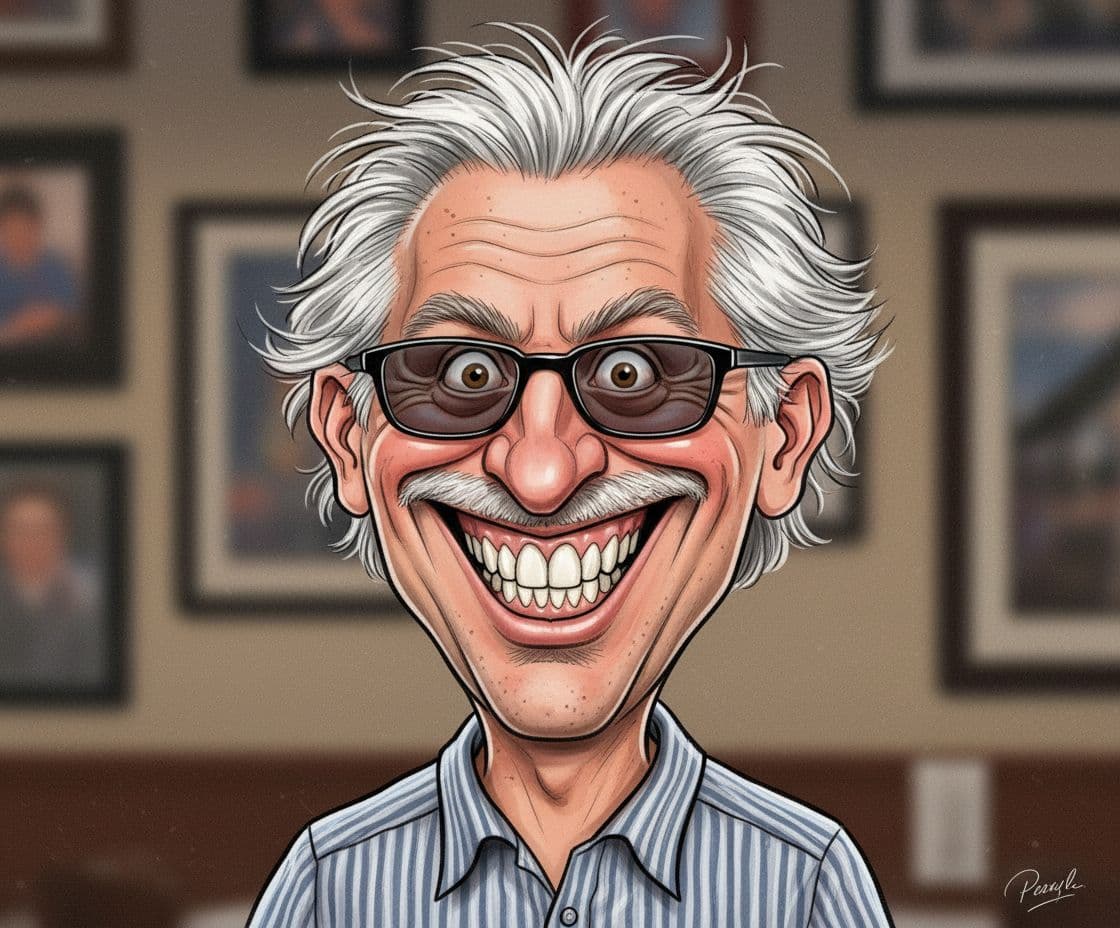 AI generated: funny caricature, exaggerated cartoon human, male, 40 years old, wild-haired, big-nosed, toothy, imp...