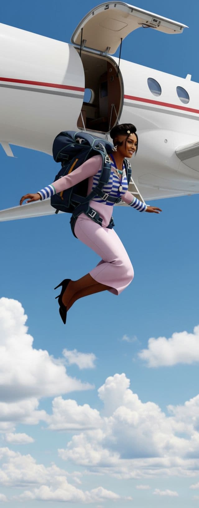 AI generated: woman with parachute back pack jumping from a Jet in the sky 