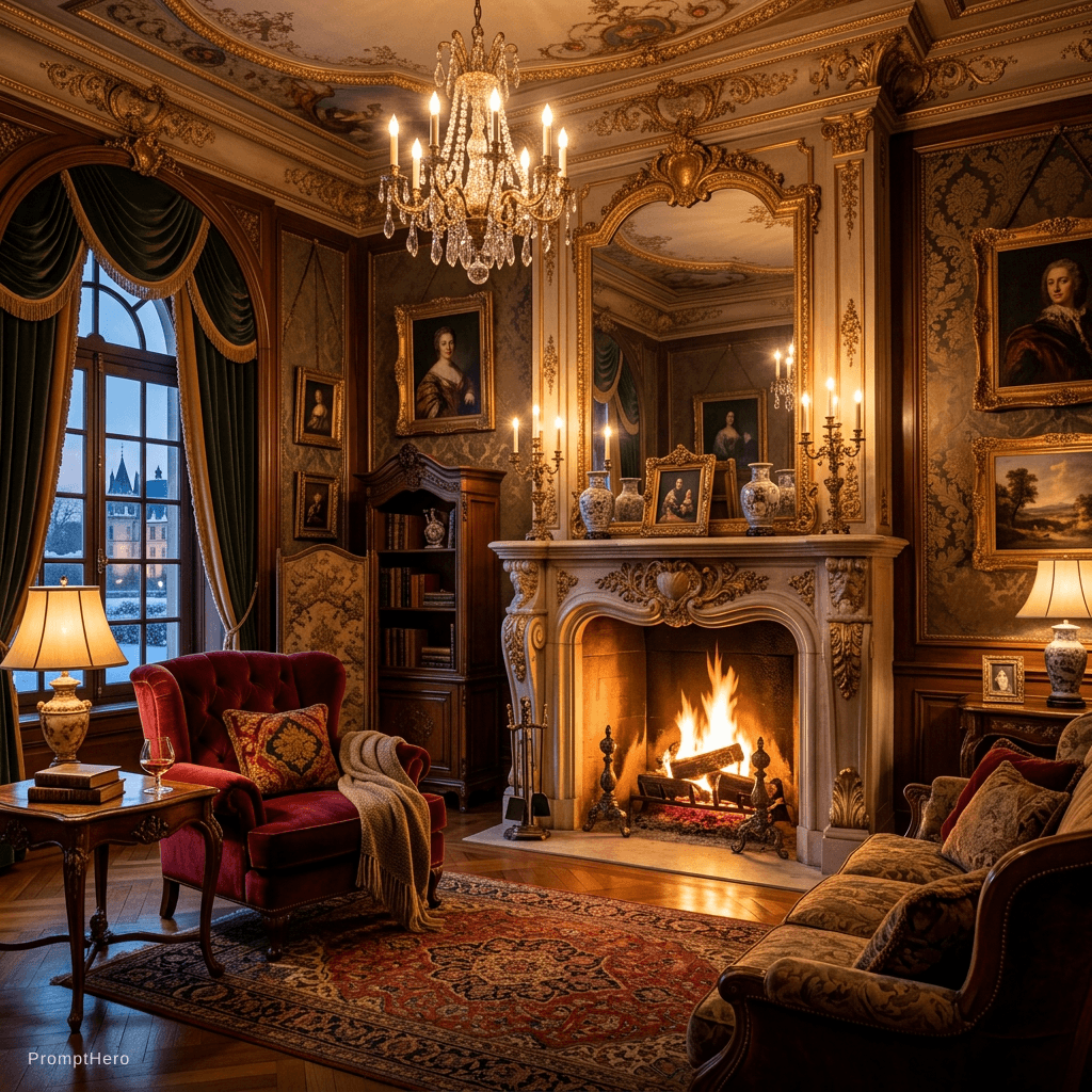 AI generated: Cozy room , fireplace, old baroque 