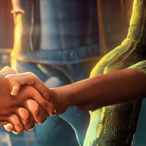 AI generated: Close UP OF shaking hands, will take the job pinterest, movie character concept art, studio lightnin...