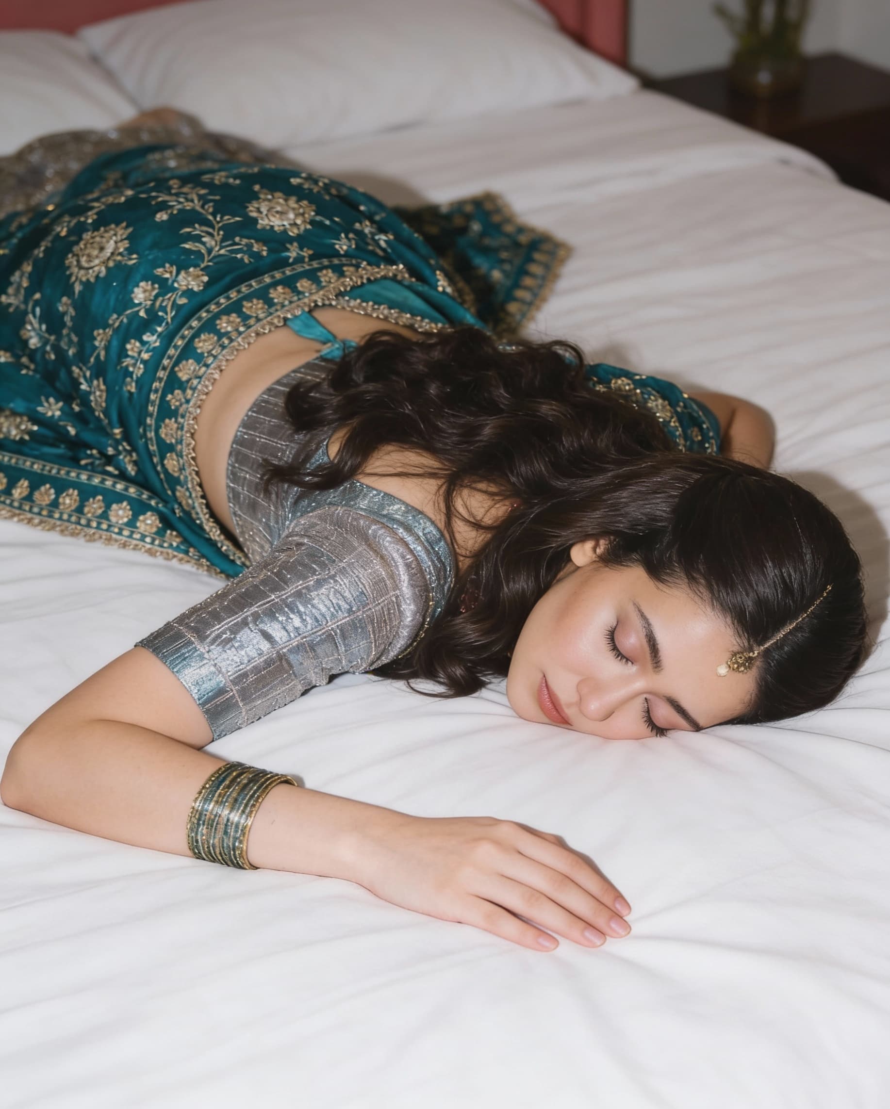 AI generated: The Pakistani girl Hania Amir is sleeping lying face down on bed in lehenga 