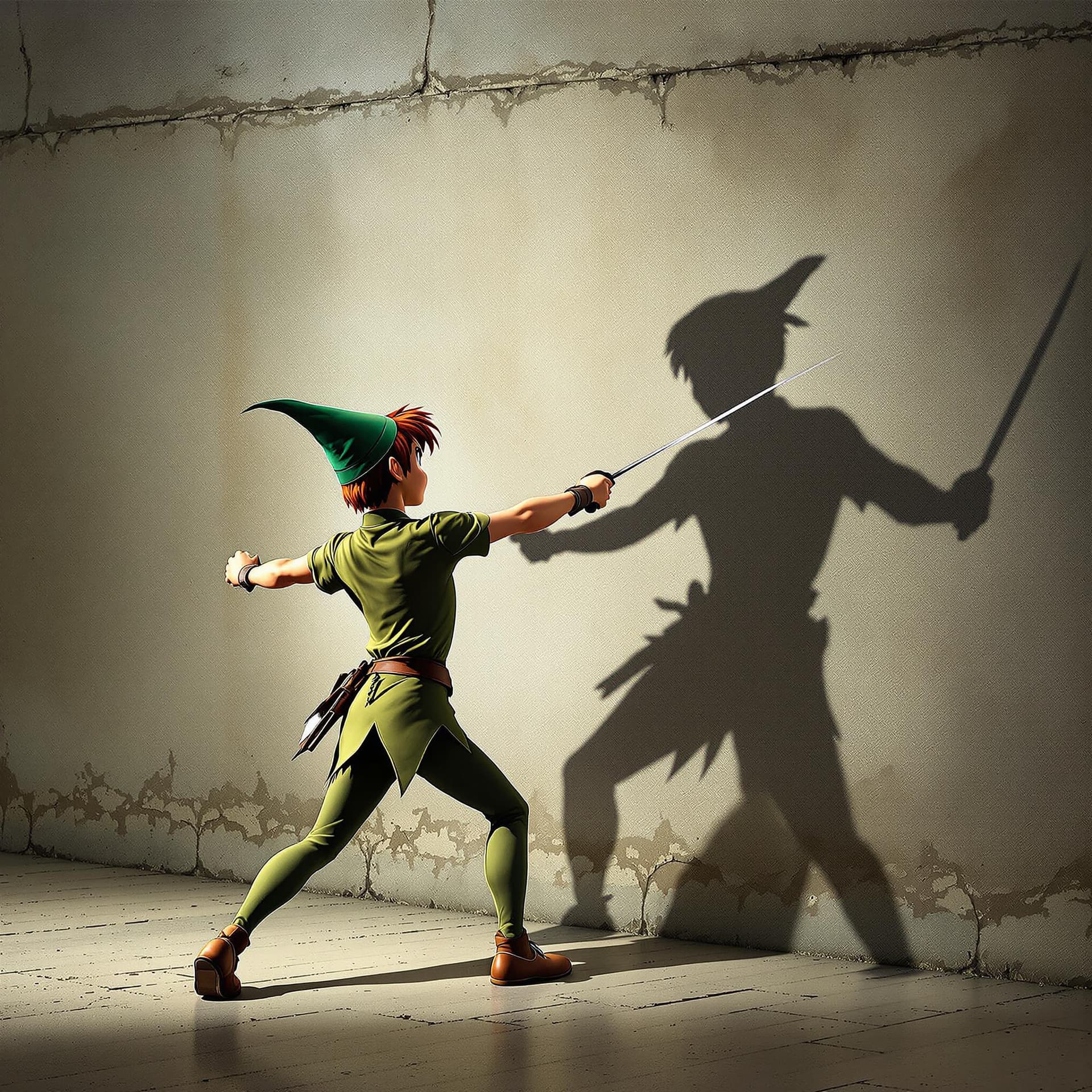 AI generated: realistic photo peter pan is fencing with his shadow against the wall