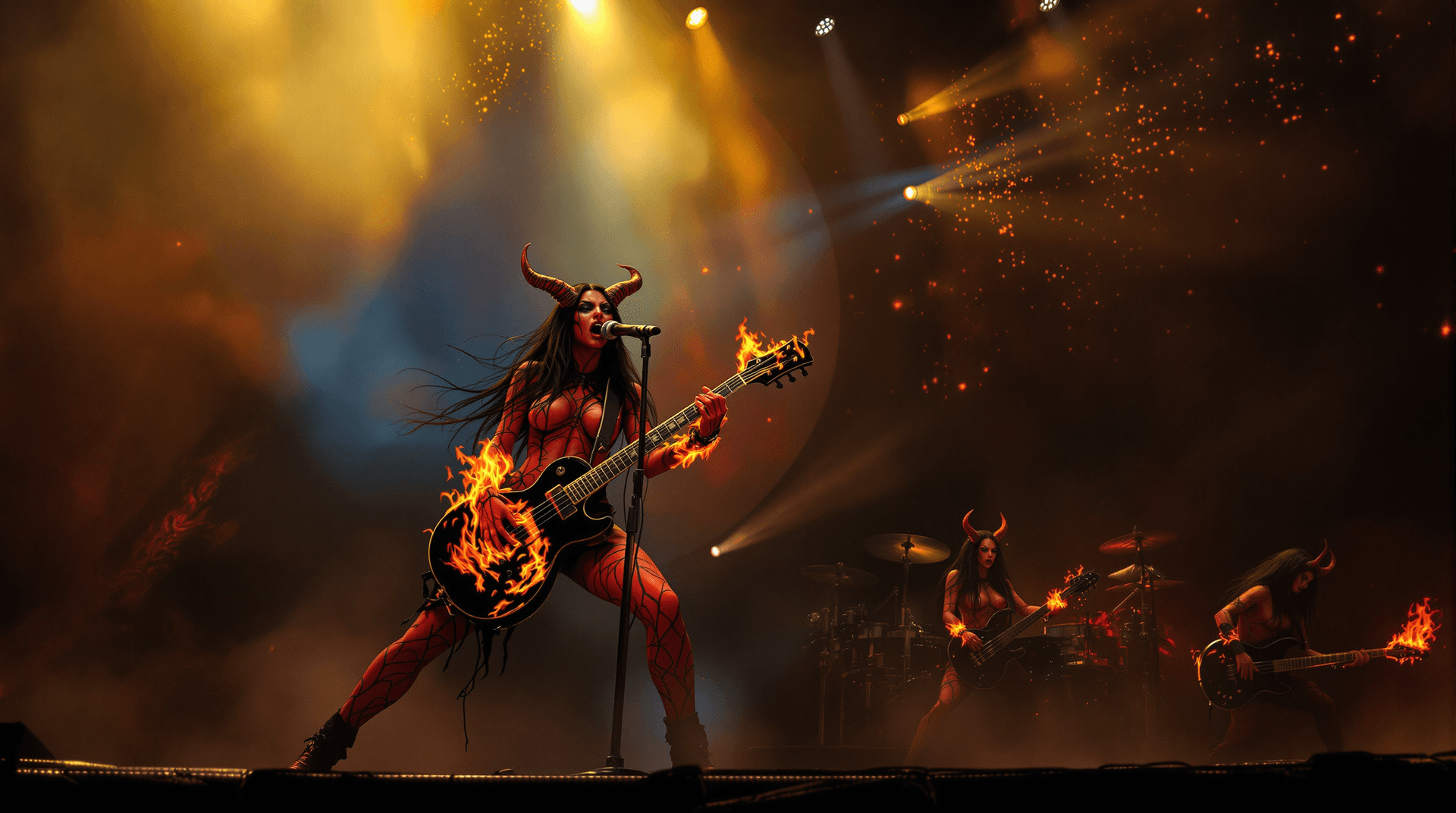 AI generated: A wide-angle concert scene, reminiscent of Beksiński's dark mysticism and Giger's biomechanical nigh...