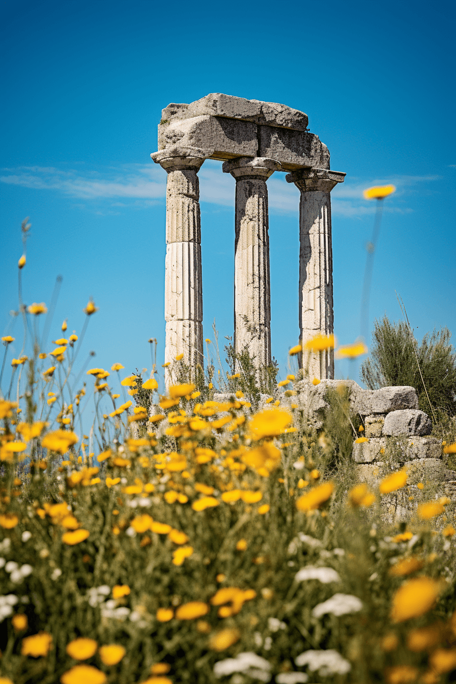 AI generated: A photo of an ancient Greek temple is placed on top of one of its two columns, with wild flowers gro...