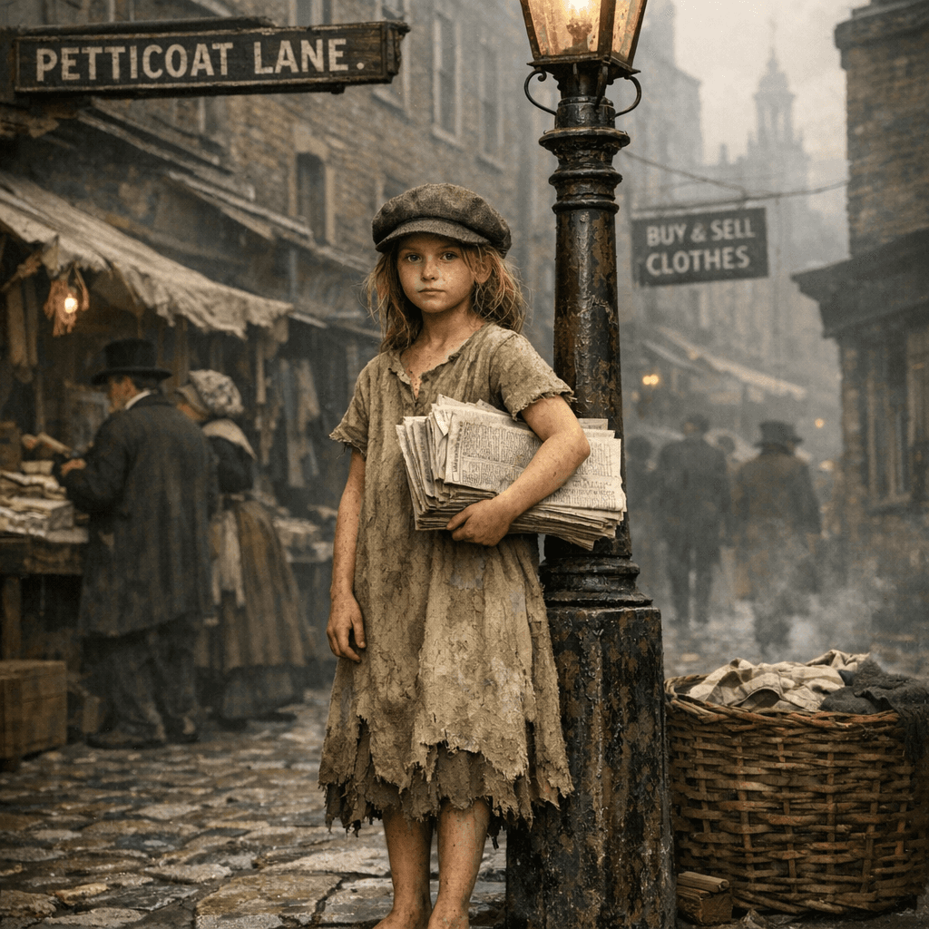 AI generated: 1830's London street corner named  Petticoat Lane, there is a 12-year-old girl wearing a tan, dirty ...
