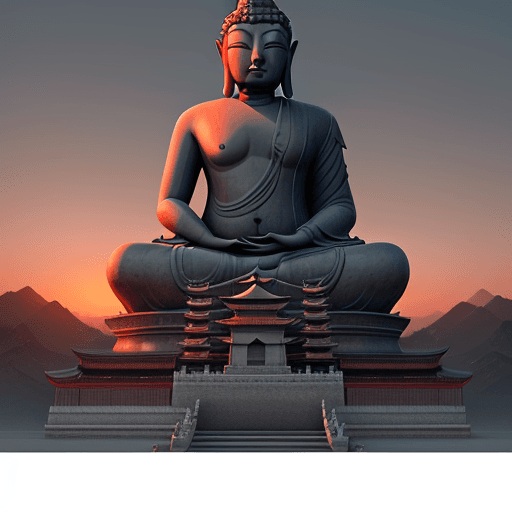 AI generated: a large statue with a budha looking at it, in the style of unreal engine 5, sunset in the background...