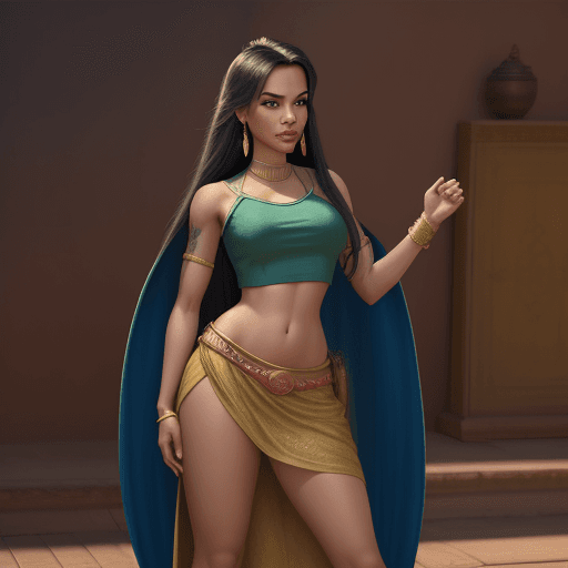AI generated: Disney, Jasmine, ultra realistic, adult, long hair, piercing, crop top, full body, 