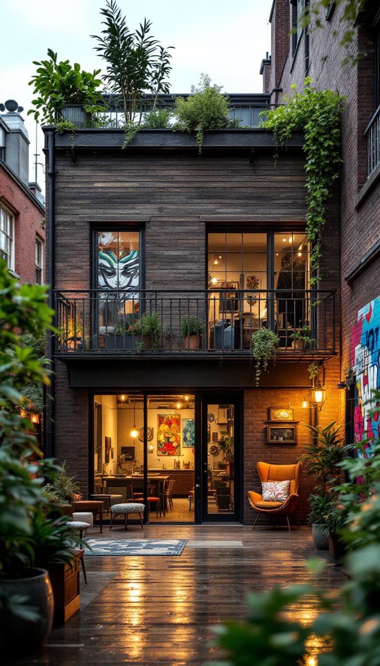AI generated: Cozy apartment building, rustic brick fa\u00e7ade, industrial metal accents, reclaimed wood textures...