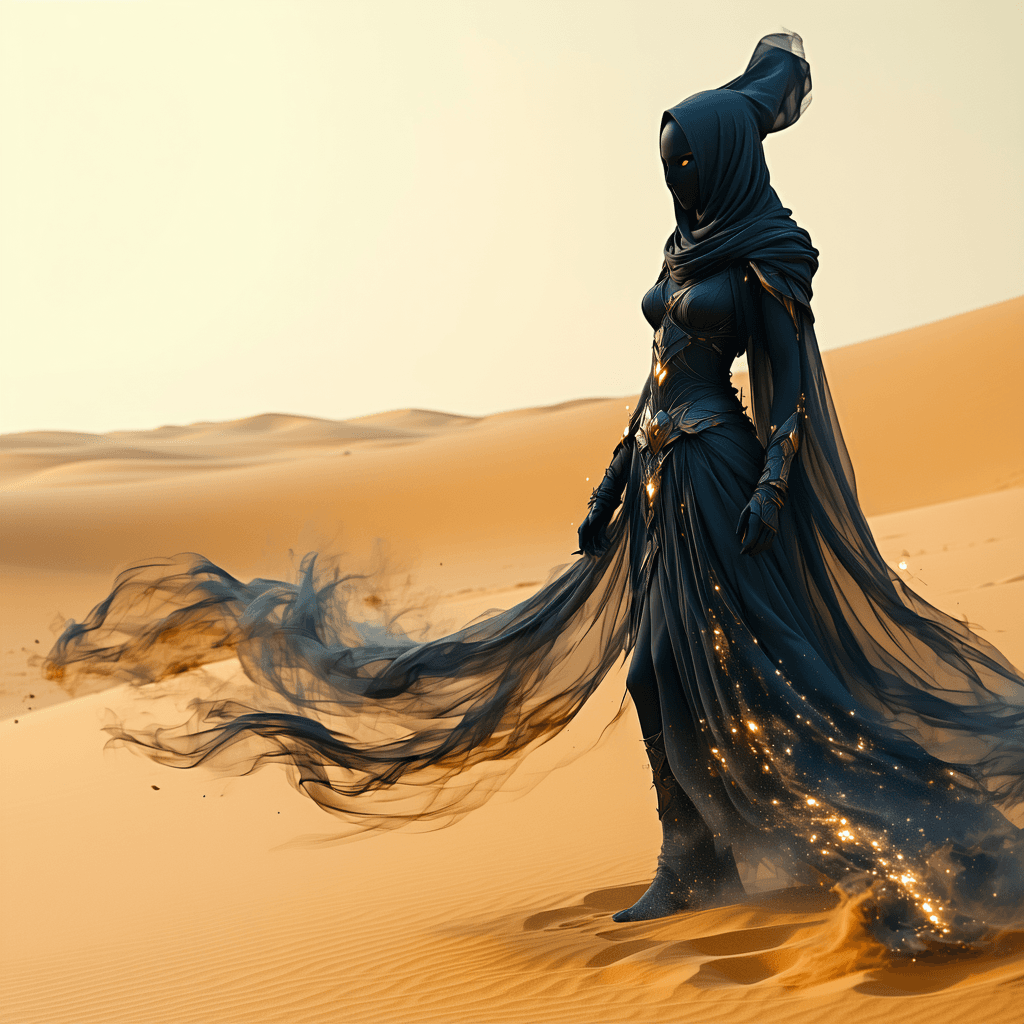 AI generated: A powerful djinn sorceress, her form shifting and flowing like smoke, her eyes piercing and filled w...