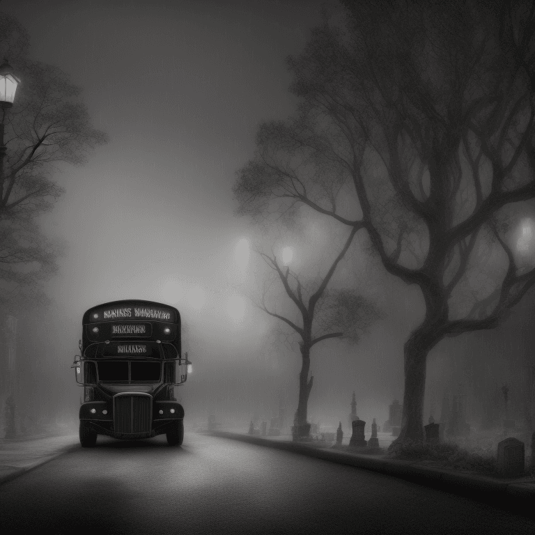 AI generated: angled view of a detailed black huge school bus, Victorian Street, Dark Fairytale Aesthetic, intrica...