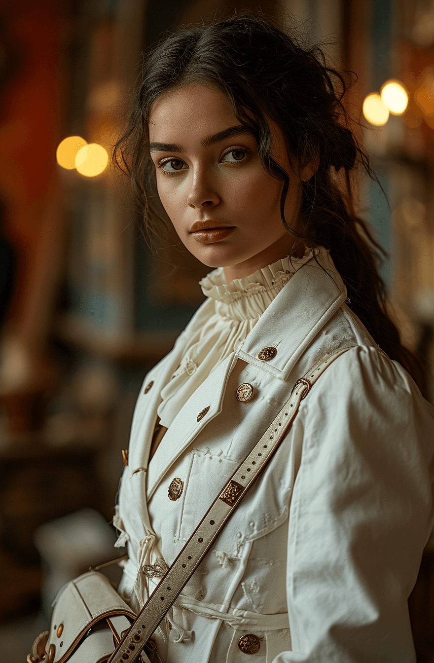 AI generated: a young woman in a white jacket can be seen holding a white leather purse, in the style of dark oran...