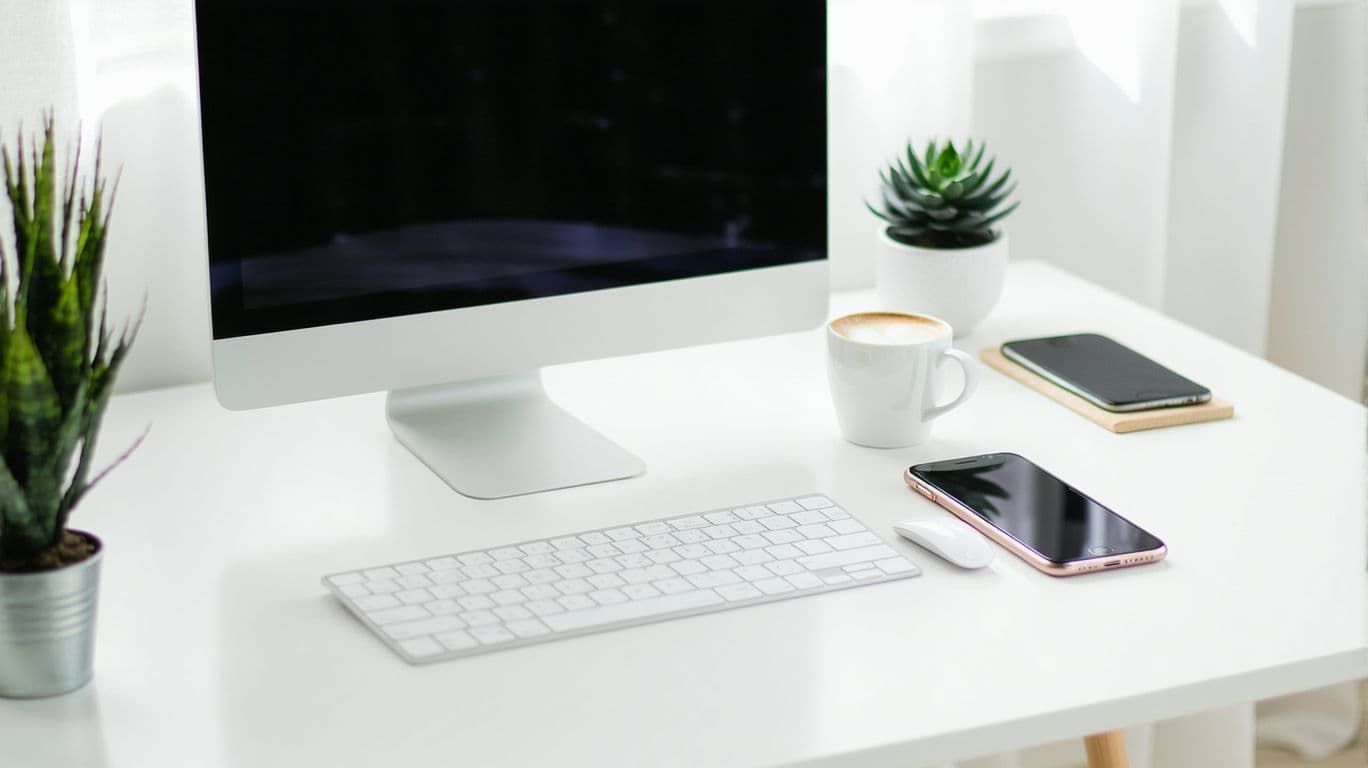 AI generated: A sleek, minimalist office workspace bathed in natural sunlight, featuring a modern desk setup with ...