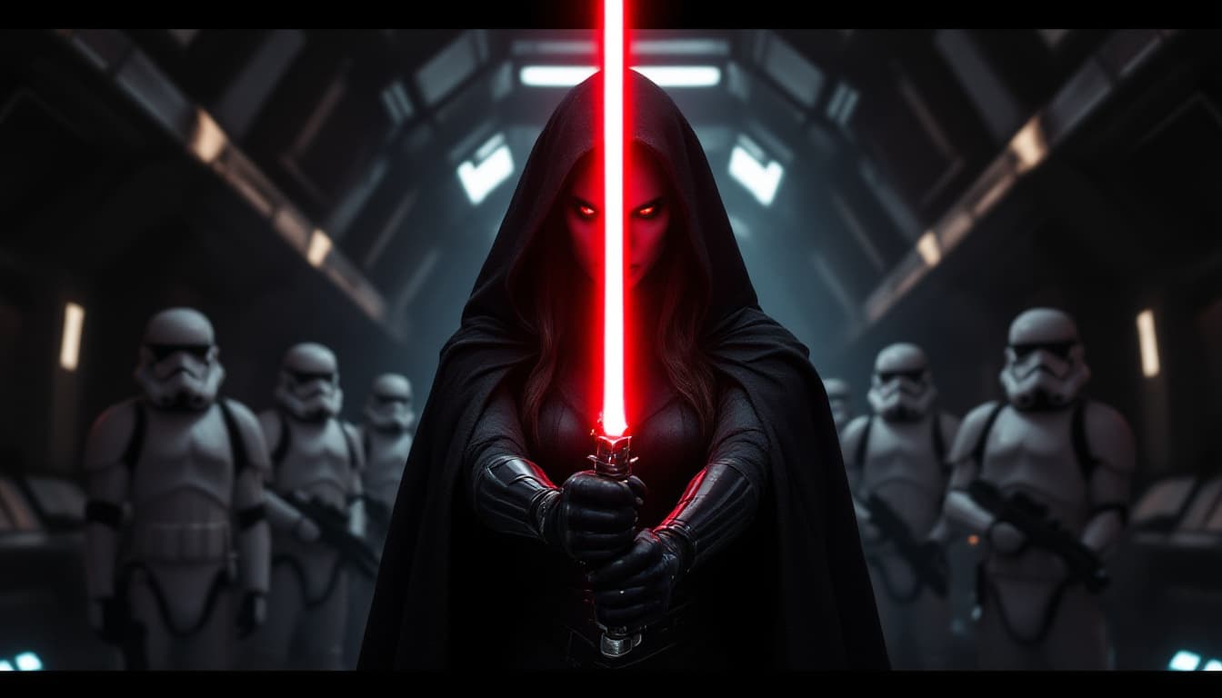 AI generated: Woman, Sith lord, red glowing eyes, she stands ready to attack with a  red light saber in both hands...