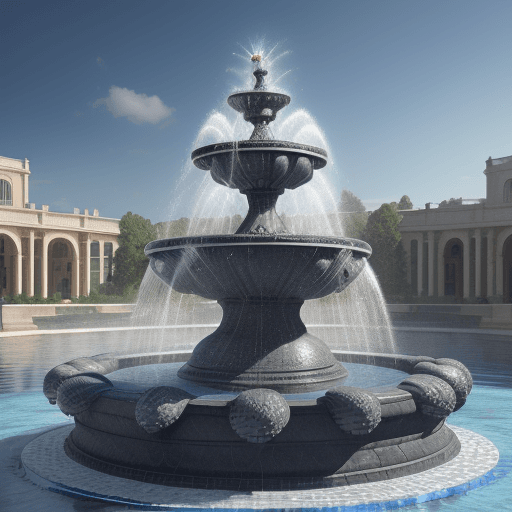 AI generated: Create an image of a round fountain 8meter wide with eight water jets on the edge distributed equall...