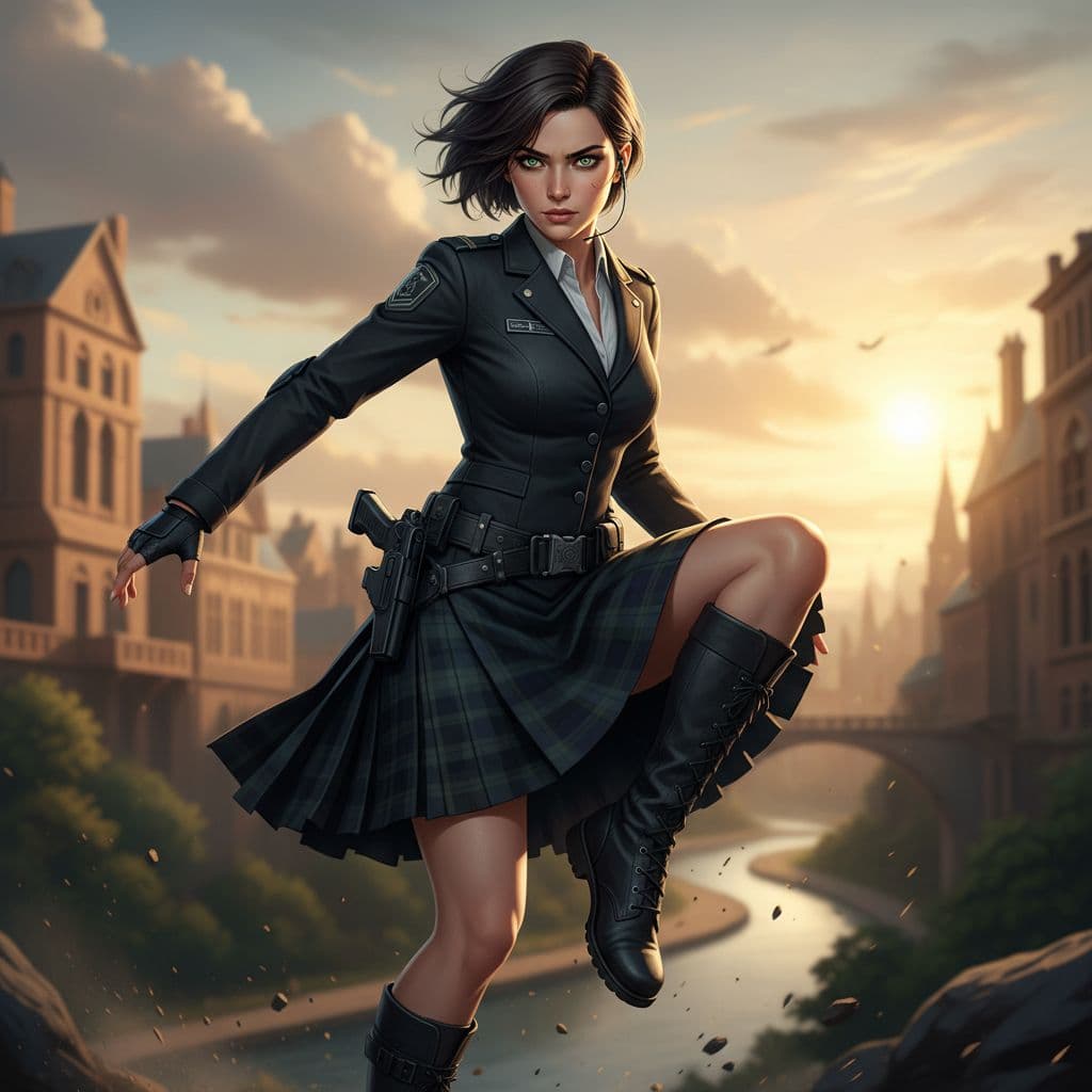 AI generated: There is a woman in a plaid skirt posing for a picture, natural, ((official uniform)), female spy, s...