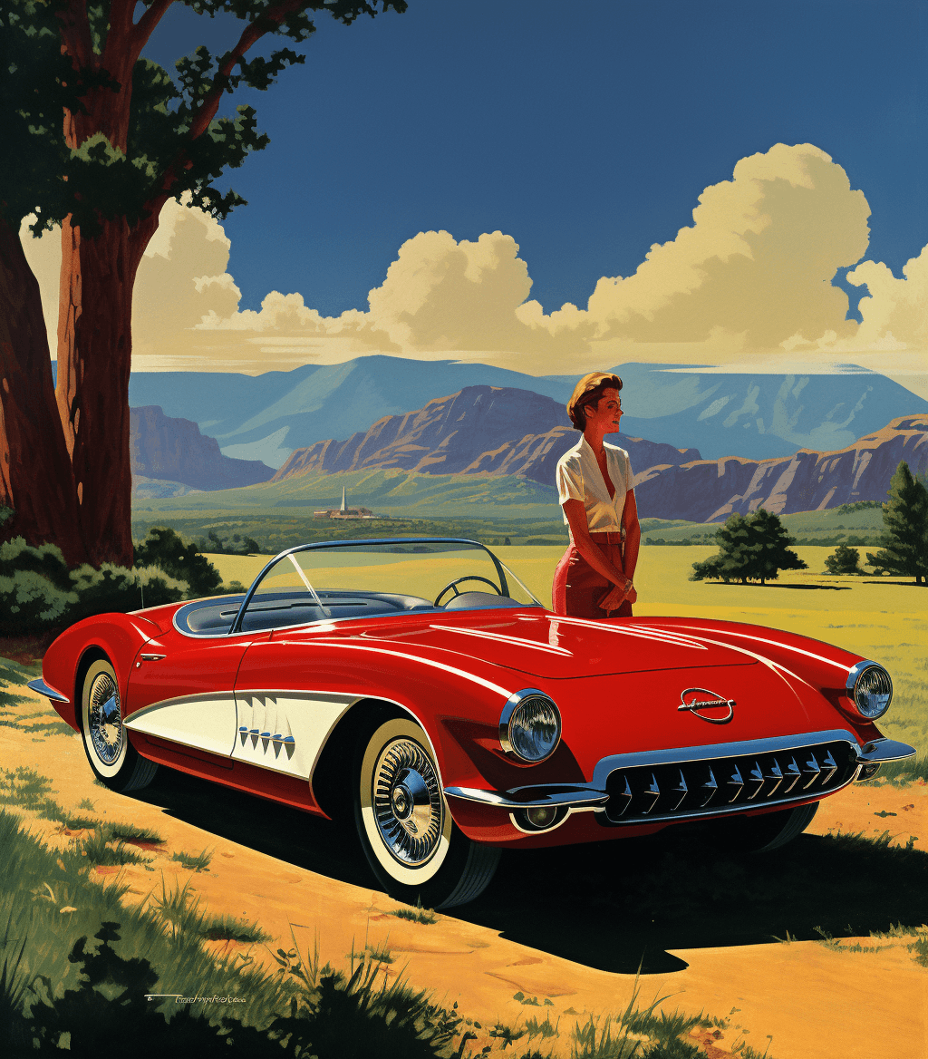 AI generated: A red and white concept car with the front half of an American Corvette, with a large roof on top of...