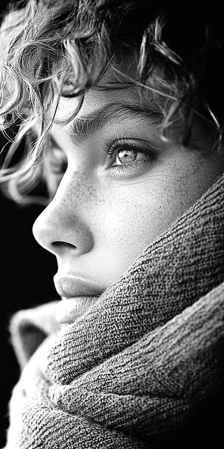 AI generated: Headshot portrait of a young woman, looking straight ahead in the style of Robert Capa, shot on a Ha...