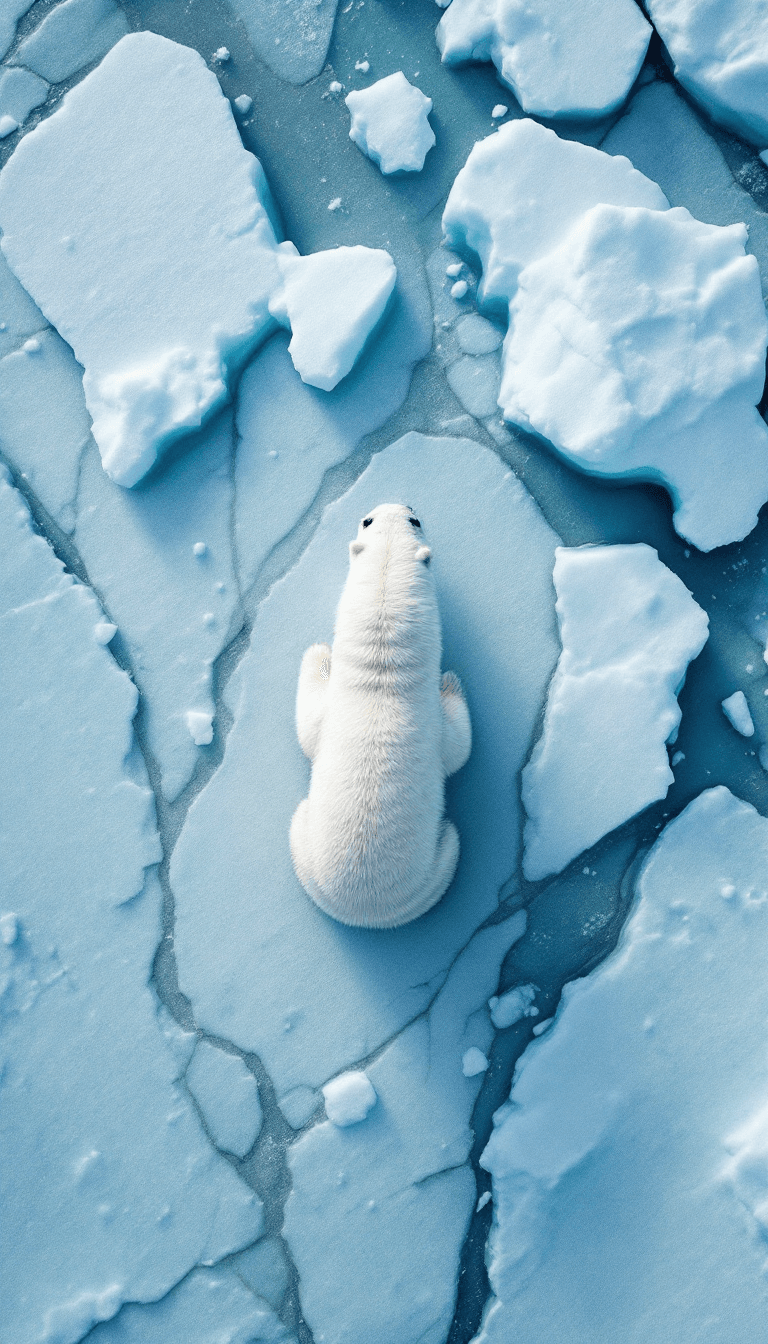 AI generated: Top down aerial shot looking down at a polar bear in a icy tundra --v 6.0 --style raw