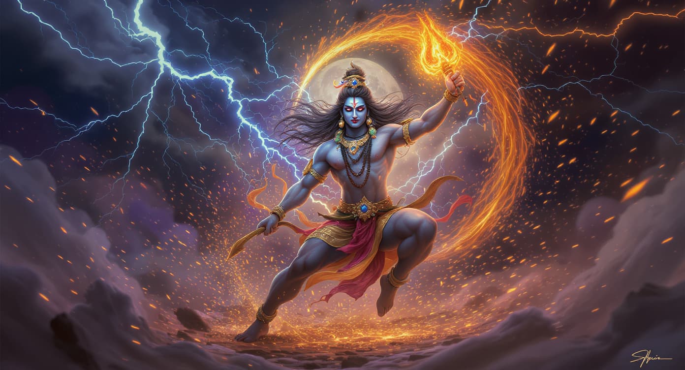 AI generated: Lord Shiva performing Tandava dance, dynamic pose, flowing hair moving wildly, fire surrounding him ...