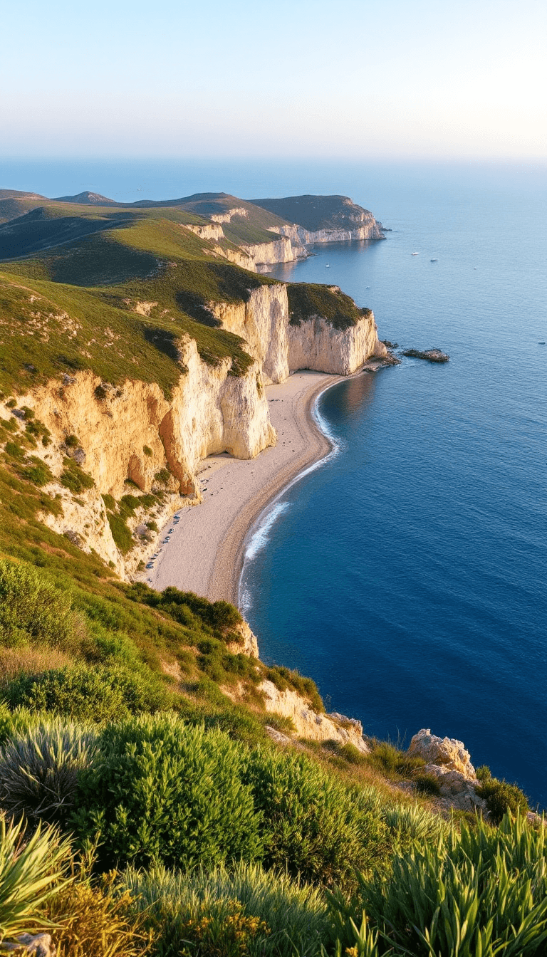 AI generated: A scenic view of the Crimean seaside: rolling hills with patches of green vegetation descending towa...