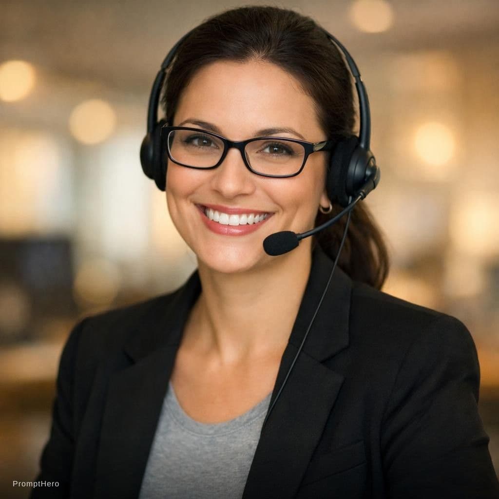 AI generated: A woman in a professional setting, smiling warmly at the camera, wearing a black blazer over a gray ...
