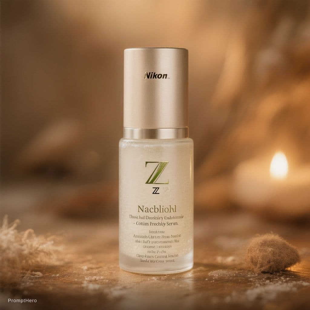 AI generated: Detailed shot, Seed Anti-Oxidant Serum, Nikon Z7 II, emphasizing the serum's elegant packaging and o...