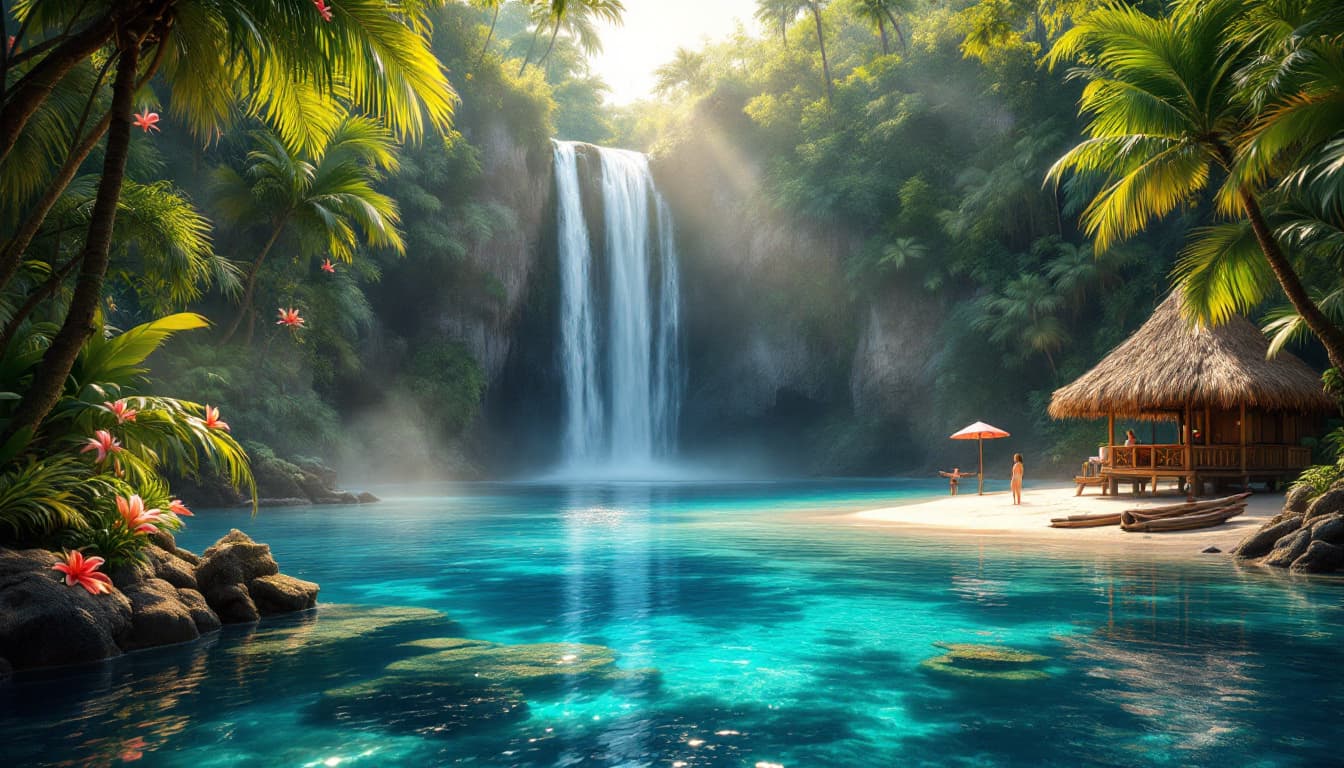 AI generated: depicting a stunning, idyllic paradise lagoon in the Asian South Pacific, reminiscent of the iconic ...