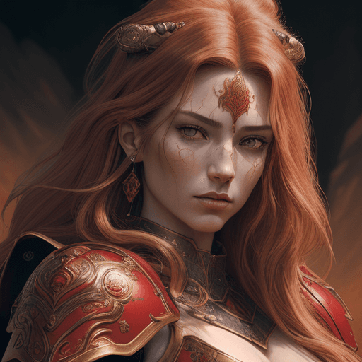 AI generated: Tarot card, High quality portrait of beautiful female warrior , female portrait, in red armor, red l...