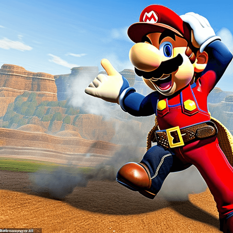 AI generated: Super Mario dressed as a cowboy from Red Dead Redemption, Mario has a pancho, a cowboy hat, boots, c...