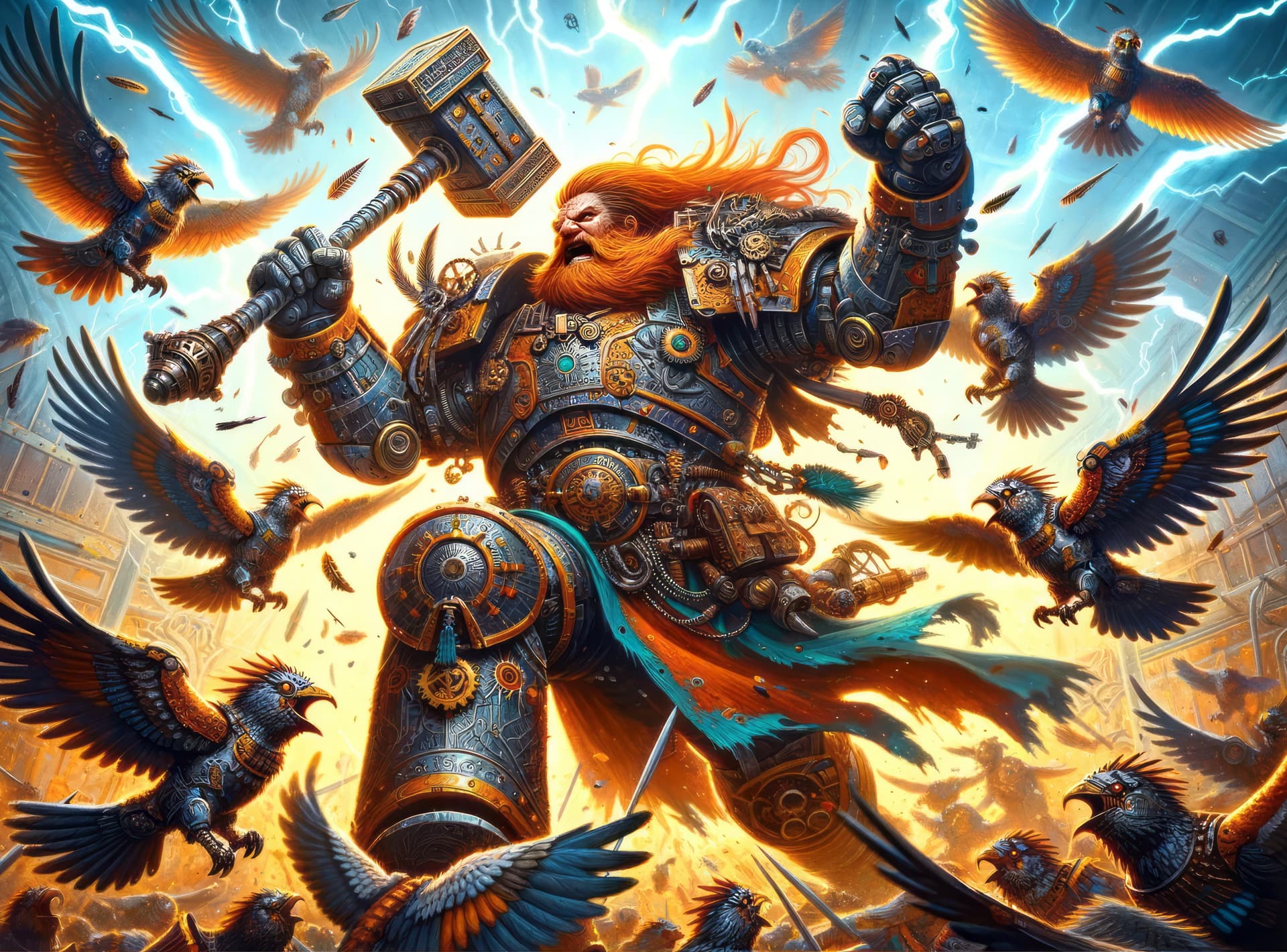 AI generated: vividly colored illustration of an intense battle scene featuring a massive armored warrior wielding...