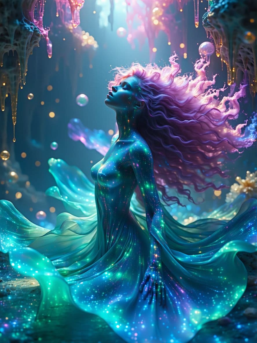 AI generated: Create a (hyperchromatic figure:1.4) floating serenely within a vast, realistic data lattice void. T...